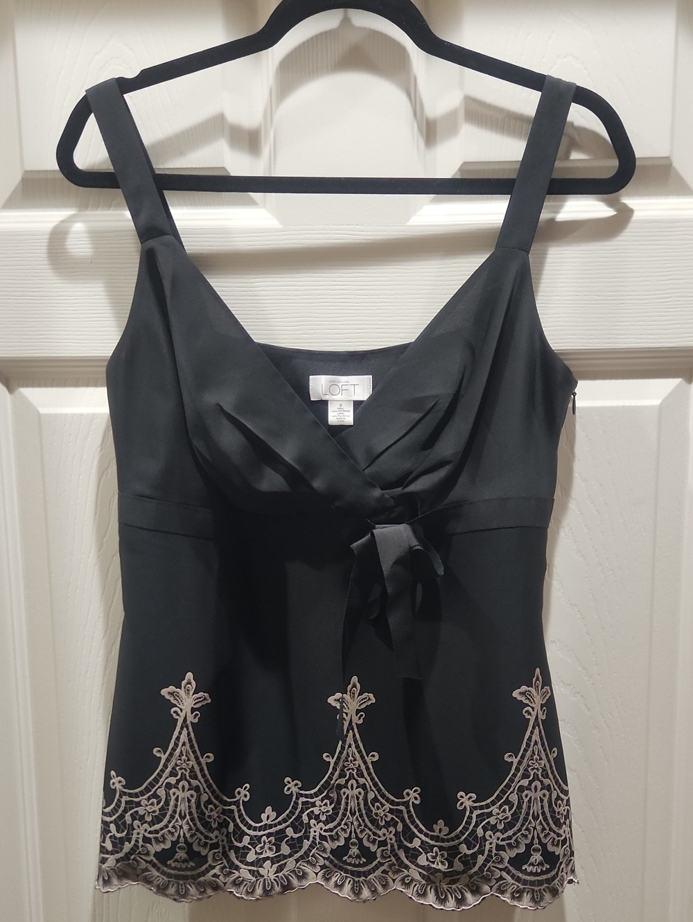 LOFT Black Satin Cami with Cream Embroidery